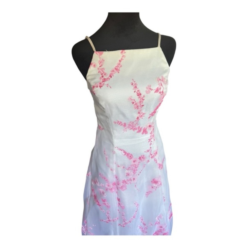 VTG 90s USA Organza Formal A line Dress in White with pink flower print SZ 3/4 - Picture 2 of 9